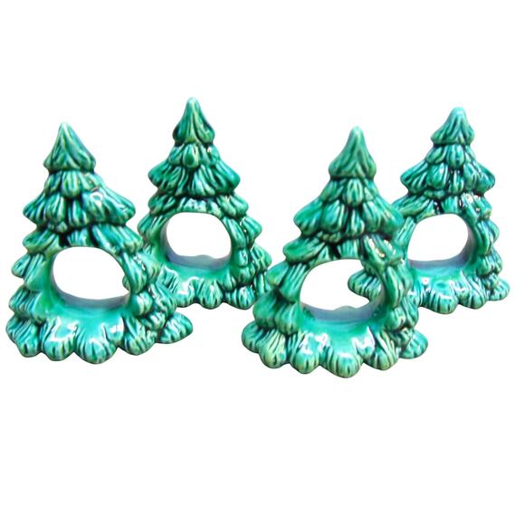 Porcelain Napkin Rings Holders Set 4 Green Christmas Tree Figurines New 3.25" - Picture 1 of 5